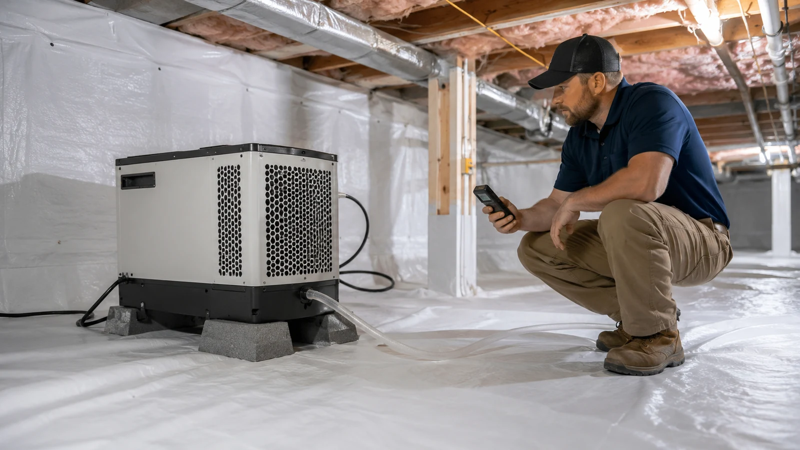 Technician inspecting dehumidifier equipment in a Savannah crawl space