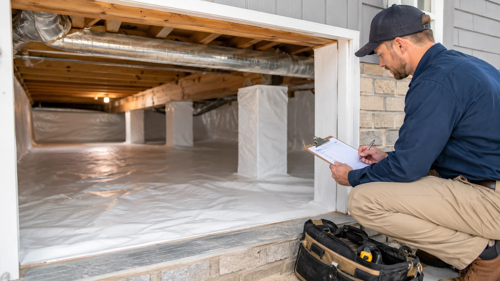 Inspector assessing a clean encapsulated crawl space for Savannah crawl space encapsulation cost guide