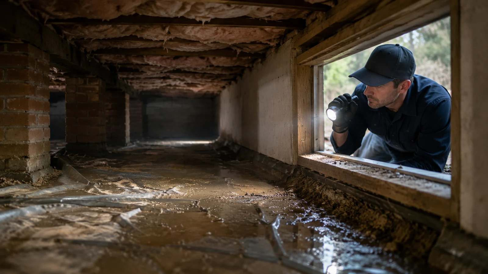 Professional inspecting crawl space below a home for musty smell and moisture concerns