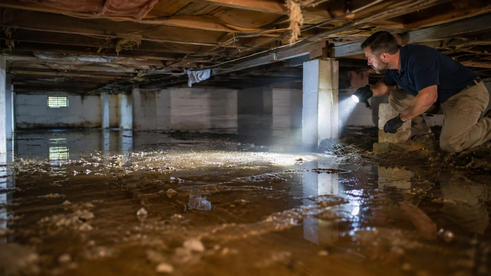 Technician inspecting a damp crawl space with standing water concerns