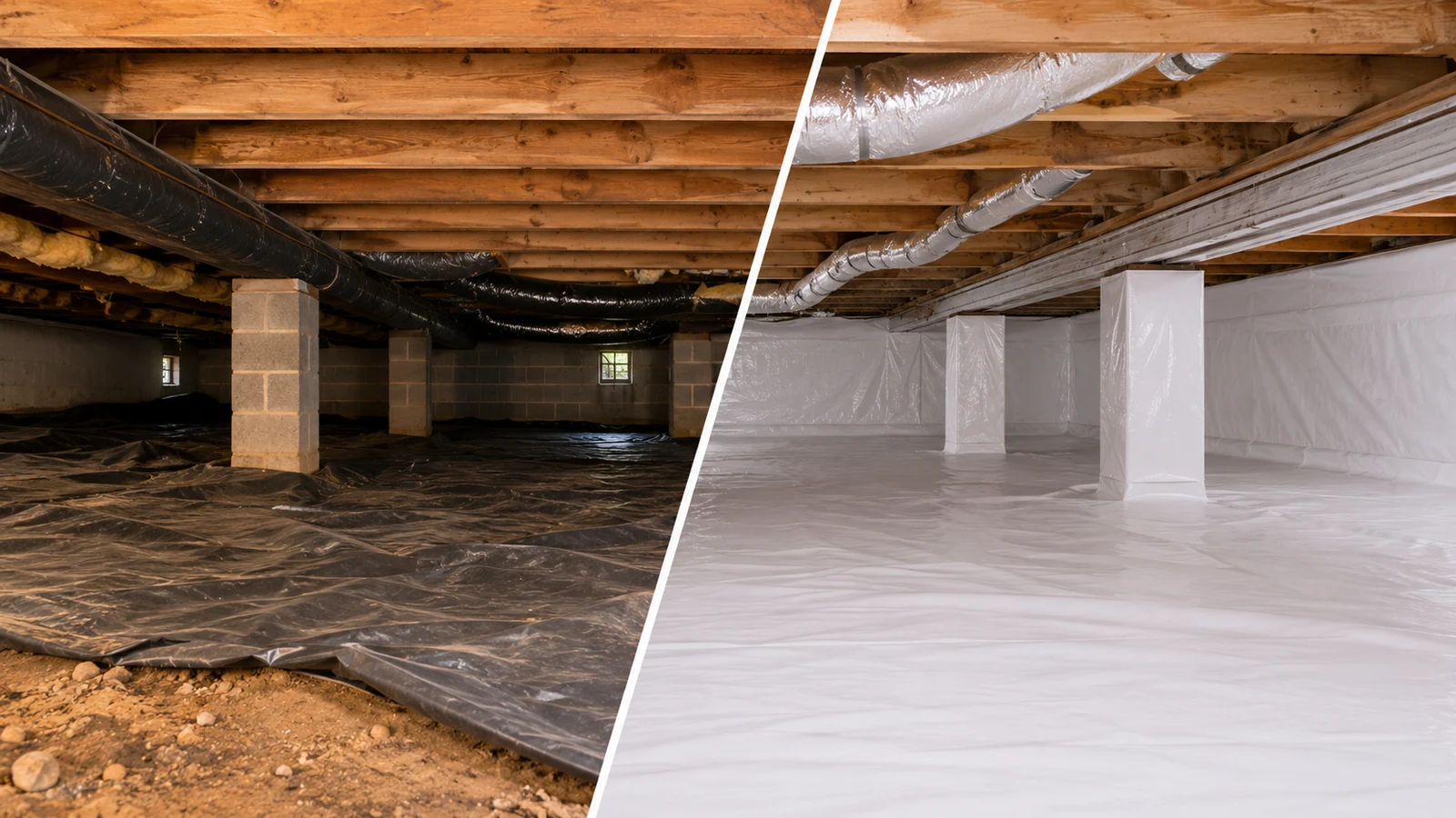Split view of raw crawl space and encapsulated crawl space for vapor barrier comparison
