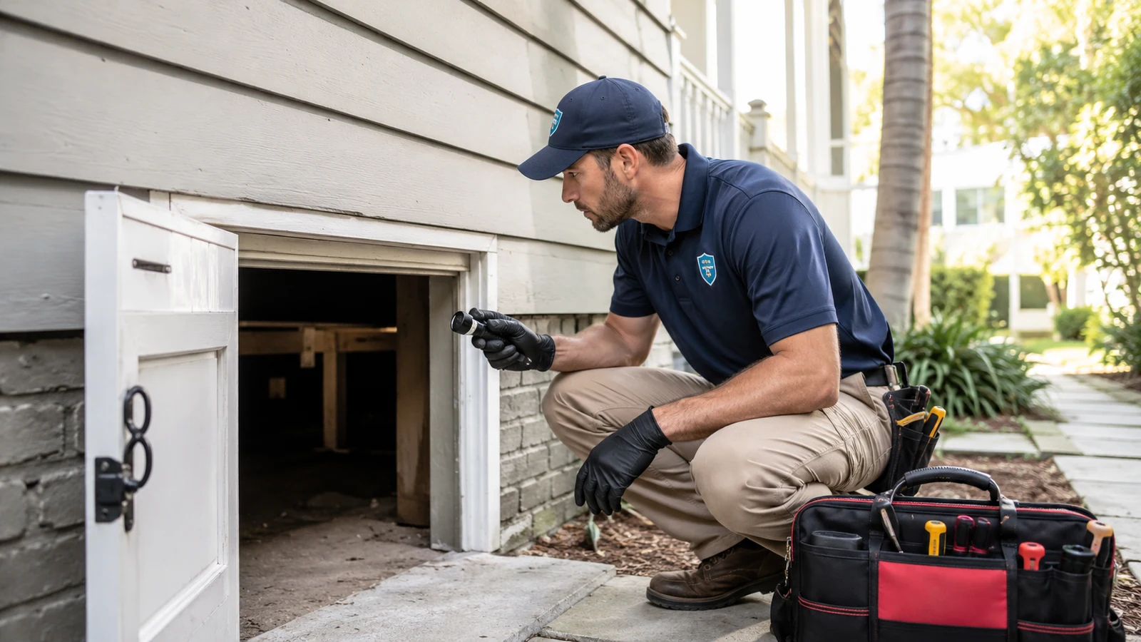 Professional Savannah crawl space repair specialist inspecting a crawl space access door