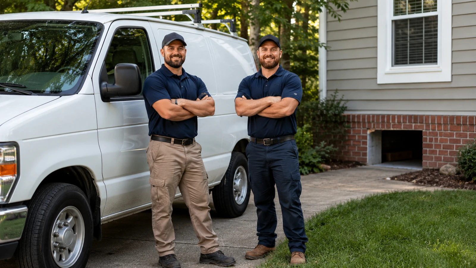 Professional crawl space repair contractors standing by service van